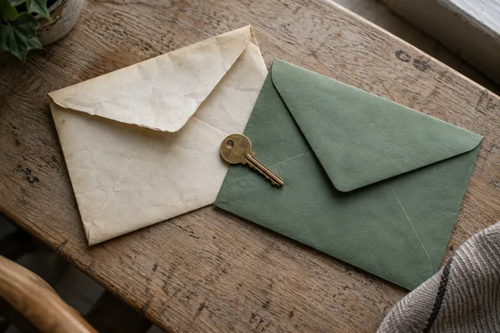 A brass key resting between an old cream envelope and a new green envelope.