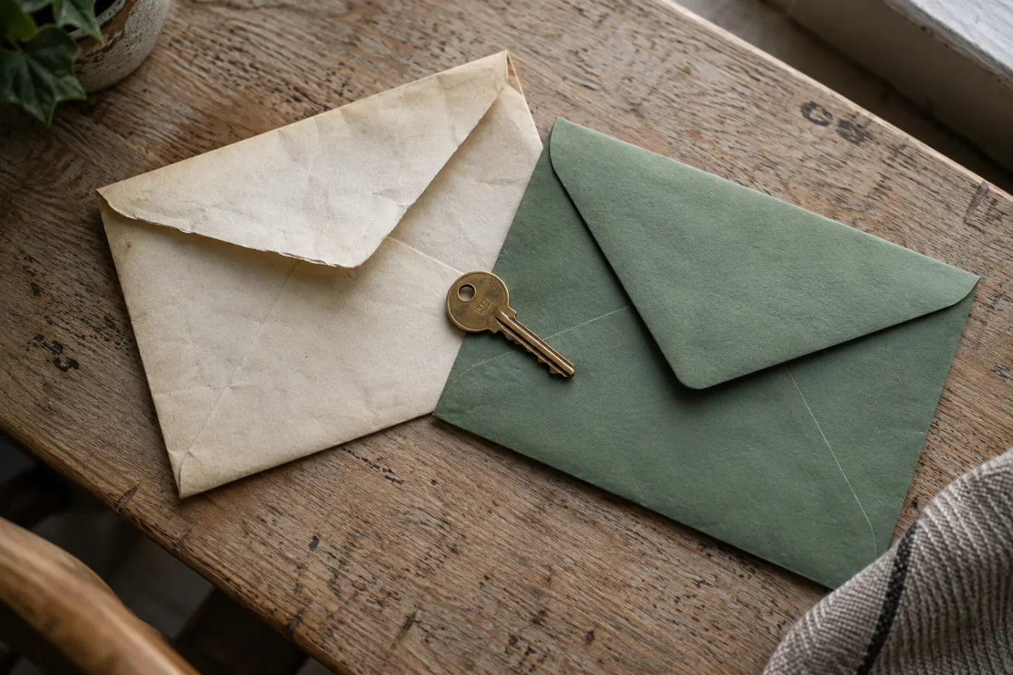 A brass key resting between an old cream envelope and a new green envelope.