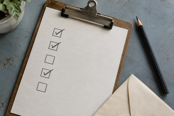 A pencil, envelope, and clipboard with a partly completed checklist.