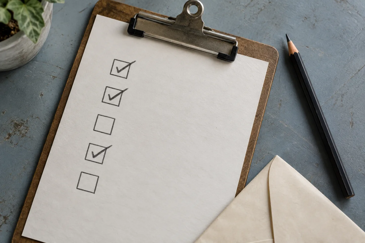 A pencil, envelope, and clipboard with a partly completed checklist.