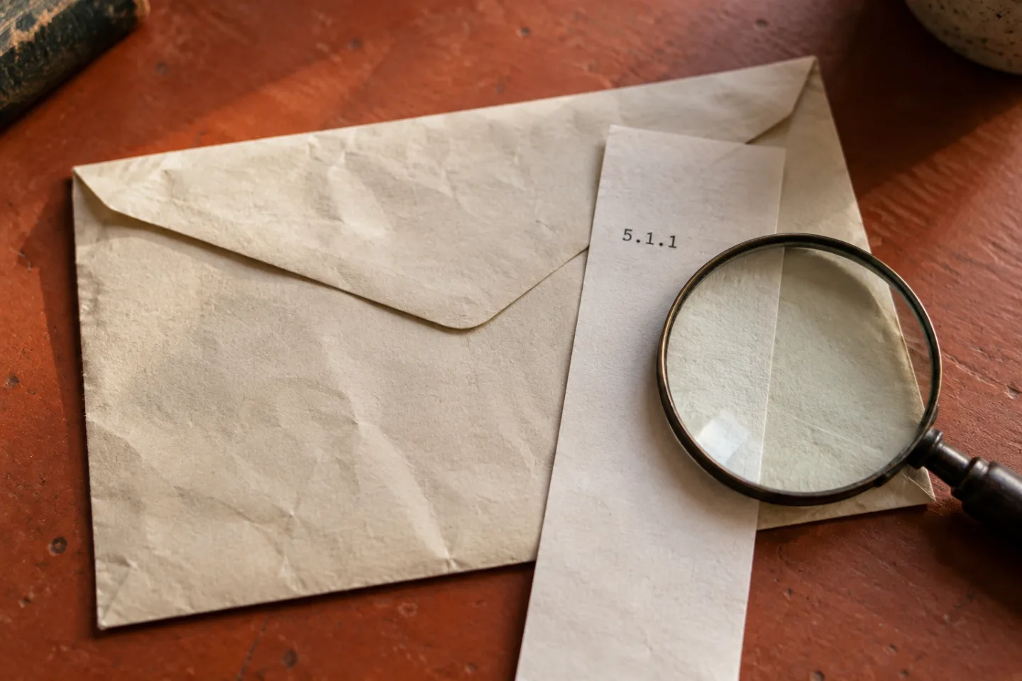 An envelope and delivery slip marked 5.1.1 beside a magnifying glass.